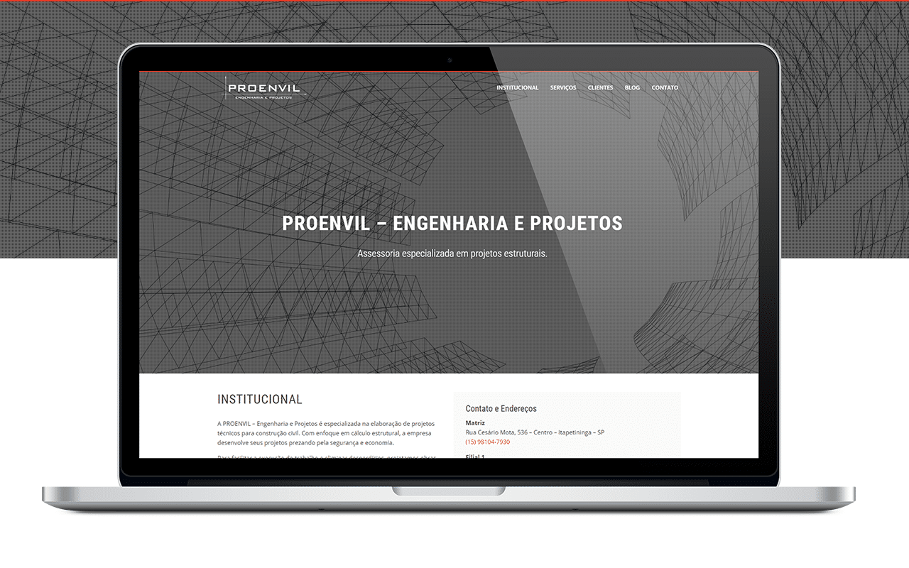 Mockup ilustrativo da página inicial do site Proenvil - Engenharia e Projetos.