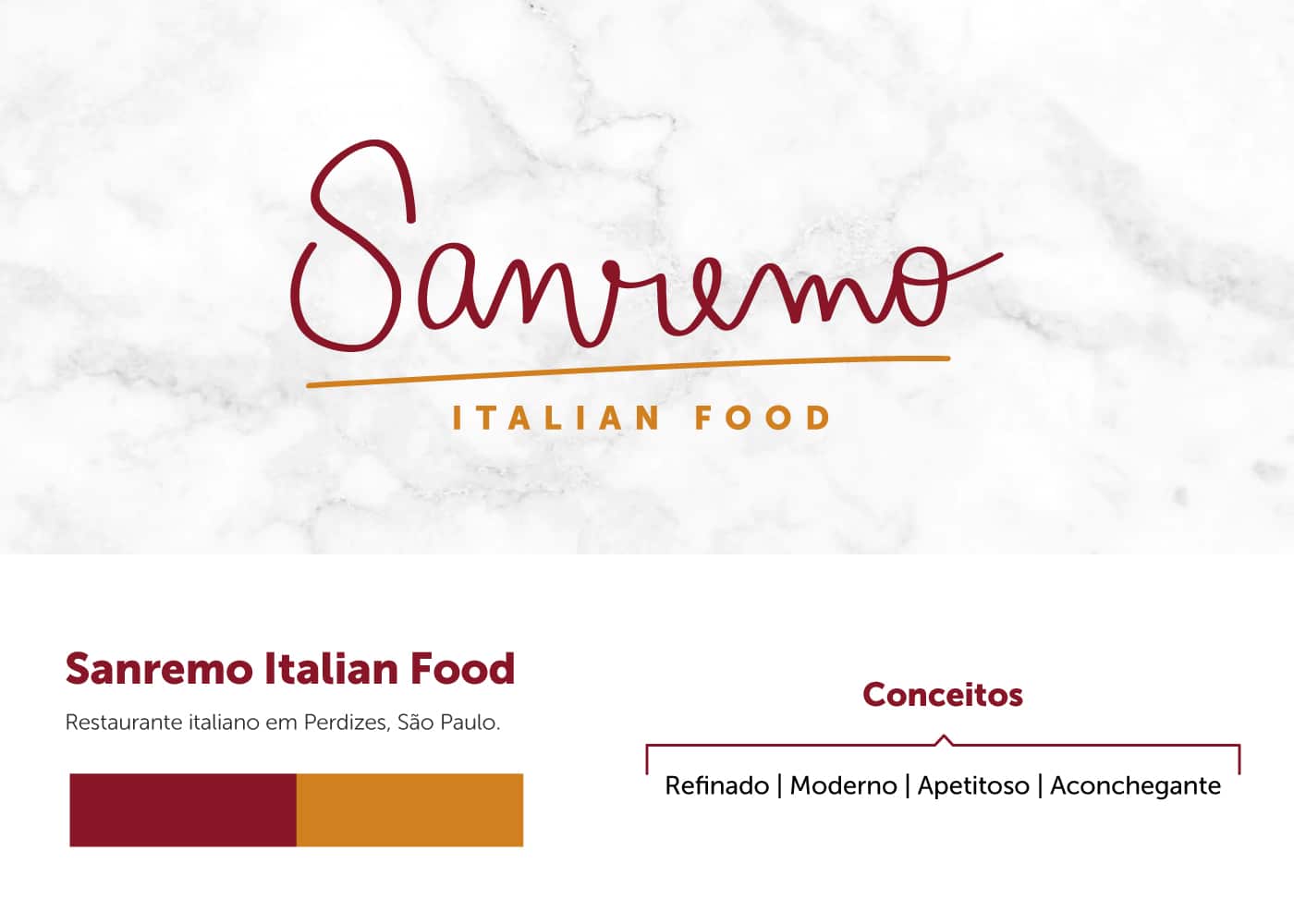 Aplicação da Marca Sanremo em fundo texturizado como mármore. A marca Sanremo é um texto em tipografia caligráfica na cor vinho e uma assinatura abaixo escrito "italian food" em amarelo.